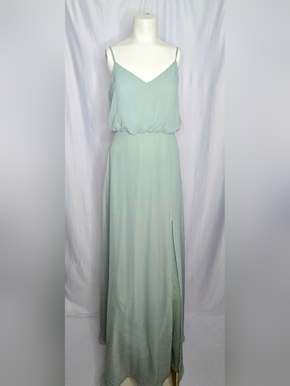 Birdy Grey Sage Green Chiffon Maxi Dress Formal Wedding Guest‎ Slit w Pockets M